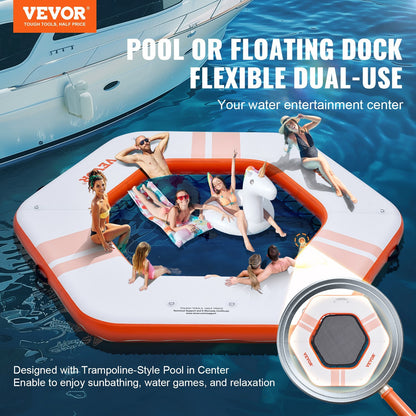 VEVOR Inflatable Floating Dock, 8.5FT Inflatable Dock Platform with 5FT Trampoline Mesh Pool, Non-Slip Floating Platform Water Mat with Portable Bag & Detachable Ladder for Pool Beach Relaxation