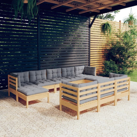 10 Piece Patio Lounge Set with Gray Cushions Solid Pinewood