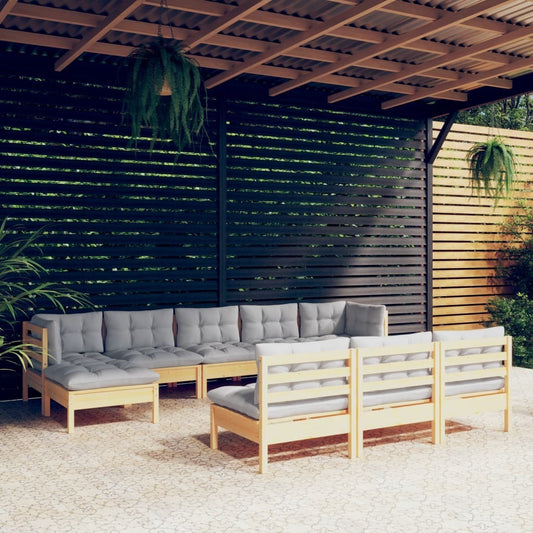 10 Piece Patio Lounge Set with Gray Cushions Pinewood