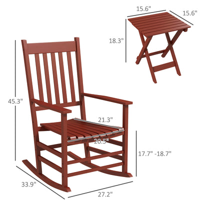Outsunny Outdoor Rocking Chair Set of 2 with Side Table, Patio Wooden Rocking Chair with Smooth Armrests, High Back for Garden, Balcony, Porch, Supports Up to 352 lbs., Wine Red