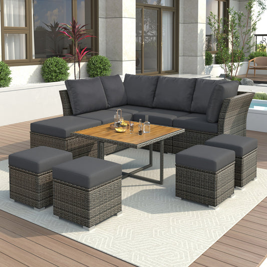 U_STYLE Patio Furniture Set, 10 Piece Outdoor Conversation Set, CoffeeTable with Ottomans, Solid wood coffee table