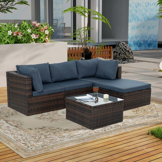 Patio Furniture, Outdoor Furniture, Seasonal PE Wicker Furniture, 5 Set Wicker Furniture With Tempered Glass Coffee Table,