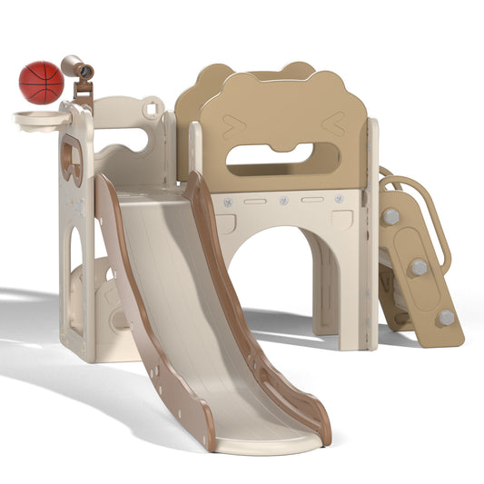 8-In-1 Kids Slide and Climber Set, Toddler Slide Playset with Basketball Game Telescope, Children Indoor Outdoor Playground (White+Brown)