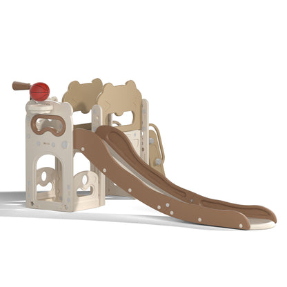 8-In-1 Kids Slide and Climber Set, Toddler Slide Playset with Basketball Game Telescope, Children Indoor Outdoor Playground (White+Brown)