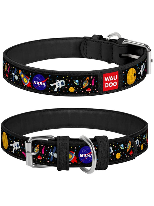 Leather Dog Collar with NASA Design Dog Collars for Medium Dogs Small Large Dogs Heavy Duty Collar with Durable Metal Buckle 14-19 inch Neck x 1 inch Wide Nasa Pattern