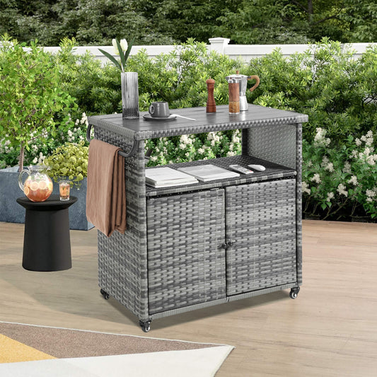 Outdoor Wicker Bar Cart, Patio Wine Serving Cart w/Wheels , Rolling Rattan Beverage Bar Counter Table w/Glass Top for Porch Backyard Garden Poolside Party, Light brown