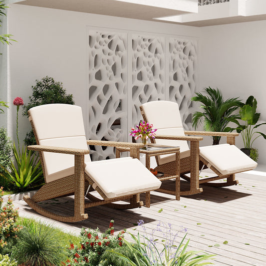 U_Style Adjustable Outdoor Wicker Double Rocking Chair with Coffee Table, Suitable for Backyard, Garden, Poolside.