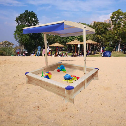 Children's Wooden Sandbox with Adjustable Canopy, Sandpit with Covers Kids Wood Playset Outdoor Backyard - Upgrade Retractable,45.3"L x 45.3"W x 46.5"H,Natural