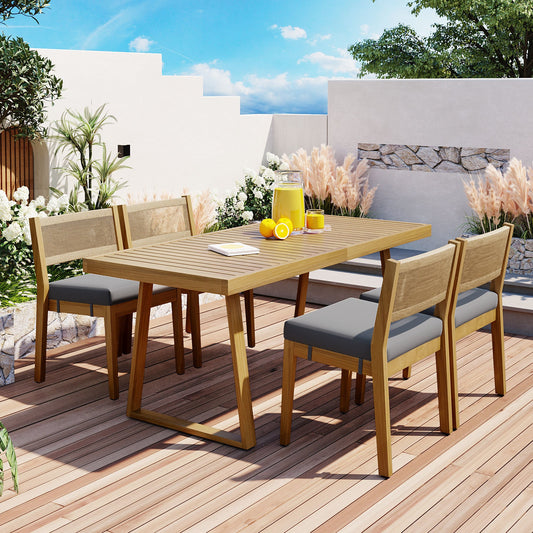 U_Style Multi-person Outdoor Acacia Wood Dining Table and Chair Set, Thick Cushions, Suitable for Balcony, Vourtyard, and Garden.