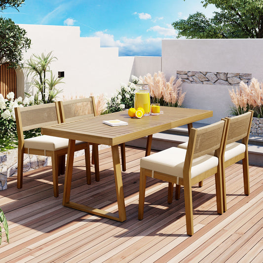 U_Style Multi-person Outdoor Acacia Wood Dining Table and Chair Set, Thick Cushions, Suitable for Balcony, Vourtyard, and Garden.