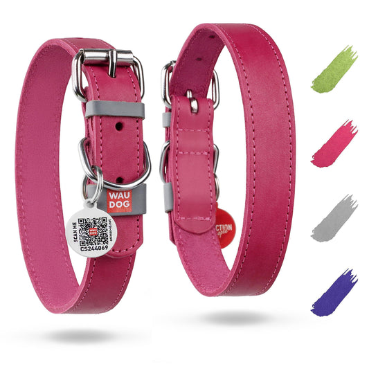 Long Lasting Leather Dog Collar for Large Dogs Medium Small Dogs Adjustable Collar with Durable Buckle D Ring 11-14 inch Neck x 3/5 inch Wide Pink Color