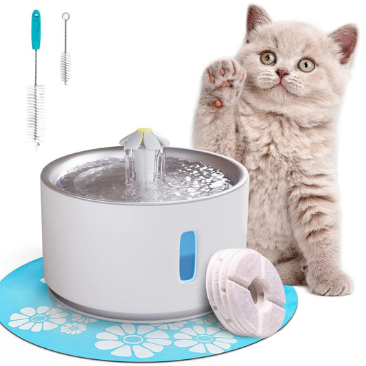 Automatic Cat Water Fountain 81oz White Water Cat Fountain with 4 Filters 2 Brushes Mat LED Light Water Level Window Plastic and Stainless Steel Pet Drinking Water Fountain