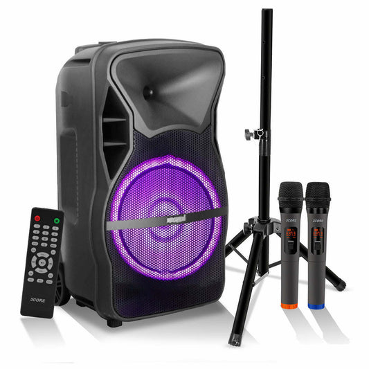 5 Core Powered PA Speaker 80W RMS Portable Active Powered DJ Audio System w Bluetooth 5.1 Two Wireless UHF Mics and Remote - ACTIVE HOME 15 2-MIC
