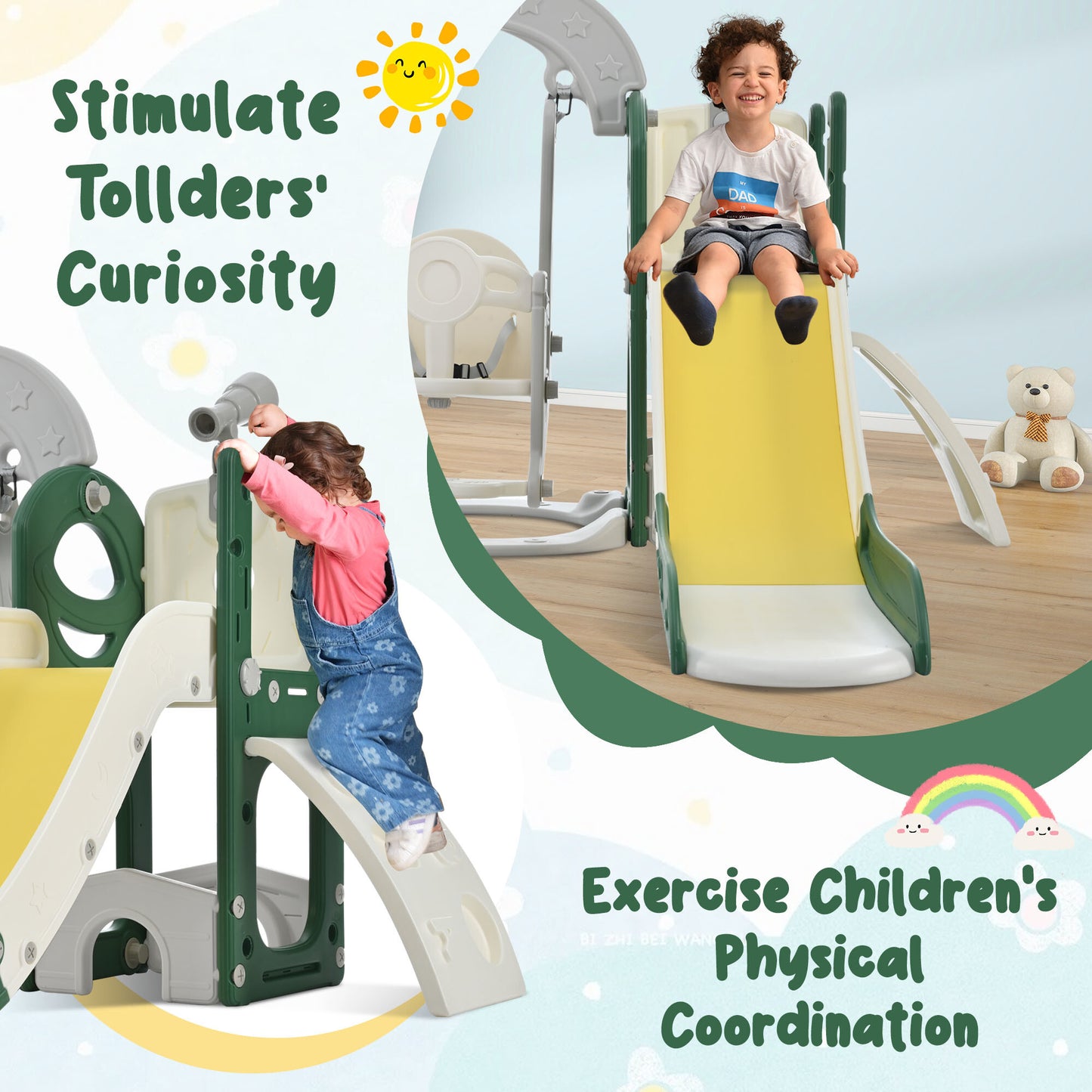 Toddler Slide and Swing Set 5 in 1, Kids Playground Climber Slide Playset with Telescope, Freestanding Combination for Babies Indoor & Outdoor