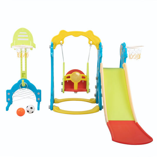 5 in 1 Slide and Swing Playing Set, Toddler Extra-Long Slide with 2 Basketball Hoops, Football, Ringtoss, Indoor Outdoor