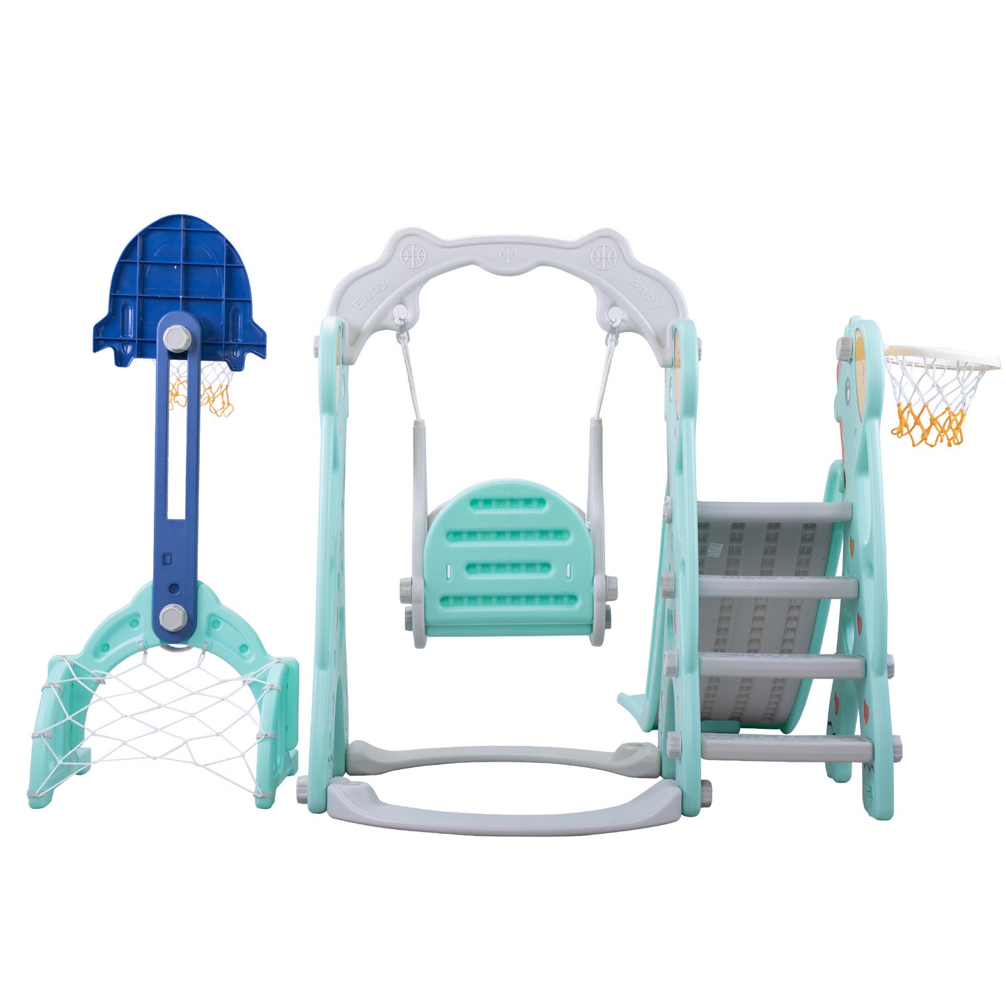 5 in 1 Slide and Swing Playing Set, Toddler Extra-Long Slide with 2 Basketball Hoops, Football, Ringtoss, Indoor Outdoor