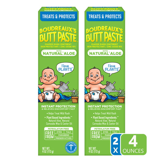 Boudreaux's Butt Paste with Natural* Aloe, Baby Diaper Rash Cream, Ointment, 4 oz, 2 Pack