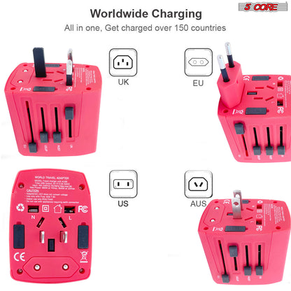 5 Core 3 Pieces Travel Charger Adapter Universal Multi Outlet Port 4 USB Power All in One Cable Multiple Phone Charge 2.1 Amp Wall Plug White, Red & Black UTA 3pcs BRW