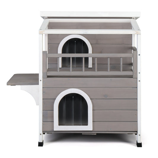 Wooden Cat house 2-Story Indoor Outdoor Luxurious Cat Shelter House with Transparent Canopy, Large Balcony, Openable Weatherproof Roof,Double escape door, Grey&White