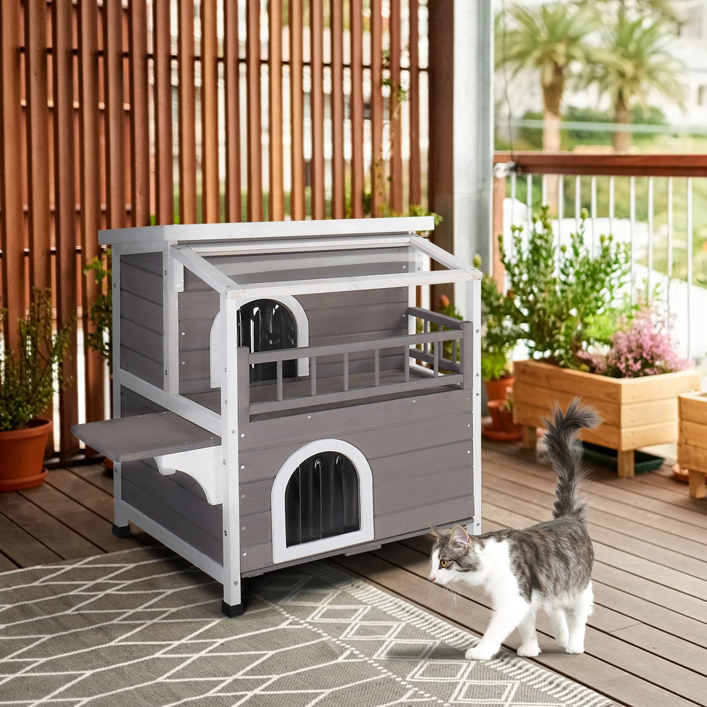 Wooden Cat house 2-Story Indoor Outdoor Luxurious Cat Shelter House with Transparent Canopy, Large Balcony, Openable Weatherproof Roof,Double escape door, Grey&White