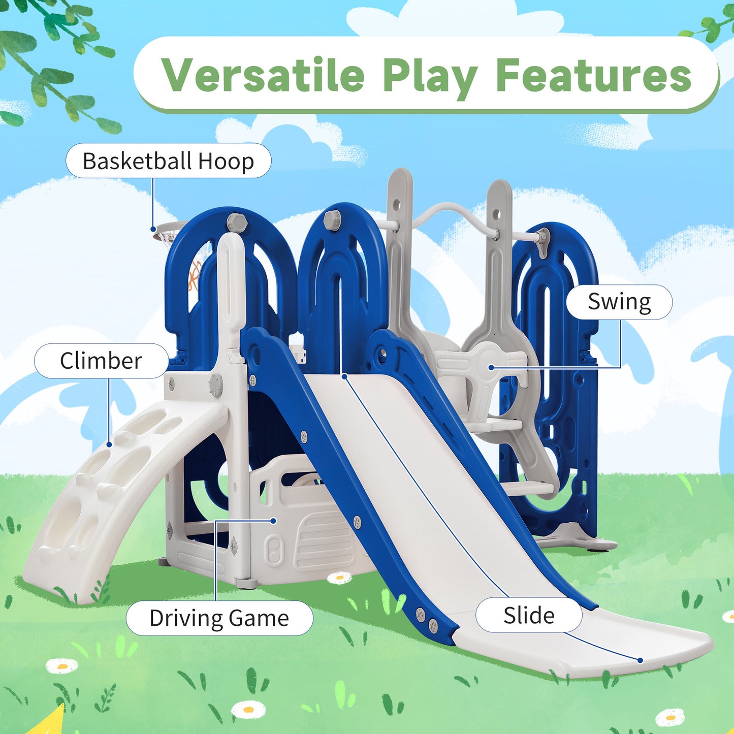 Toddler Slide and Swing Set 5 in 1; Kids Playground Climber Slide Playset with Basketball Hoop Freestanding Combination for Babies Indoor & Outdoor