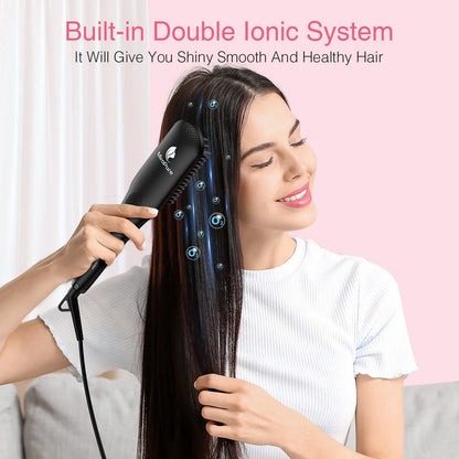 Enhanced Hair Straightener Brush by MiroPure, 2-in-1 Ionic Straightening Brush with Anti-Scald Feature, Auto Temperature Lock & Auto-Off Function (Black)