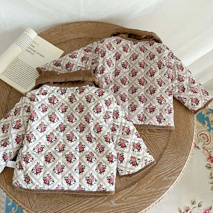 Baby Floral Print Pattern Quilted Warm Padded Jacket In Winter