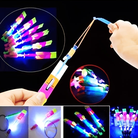 10pcs Amazing Led Light Arrow Rocket Helicopter Flying Toy; Party Fun Gift; Slingshot Flying Copters Birthdays Thanksgiving Christmas Day Gift ; Outdoor Game For Children Kids
