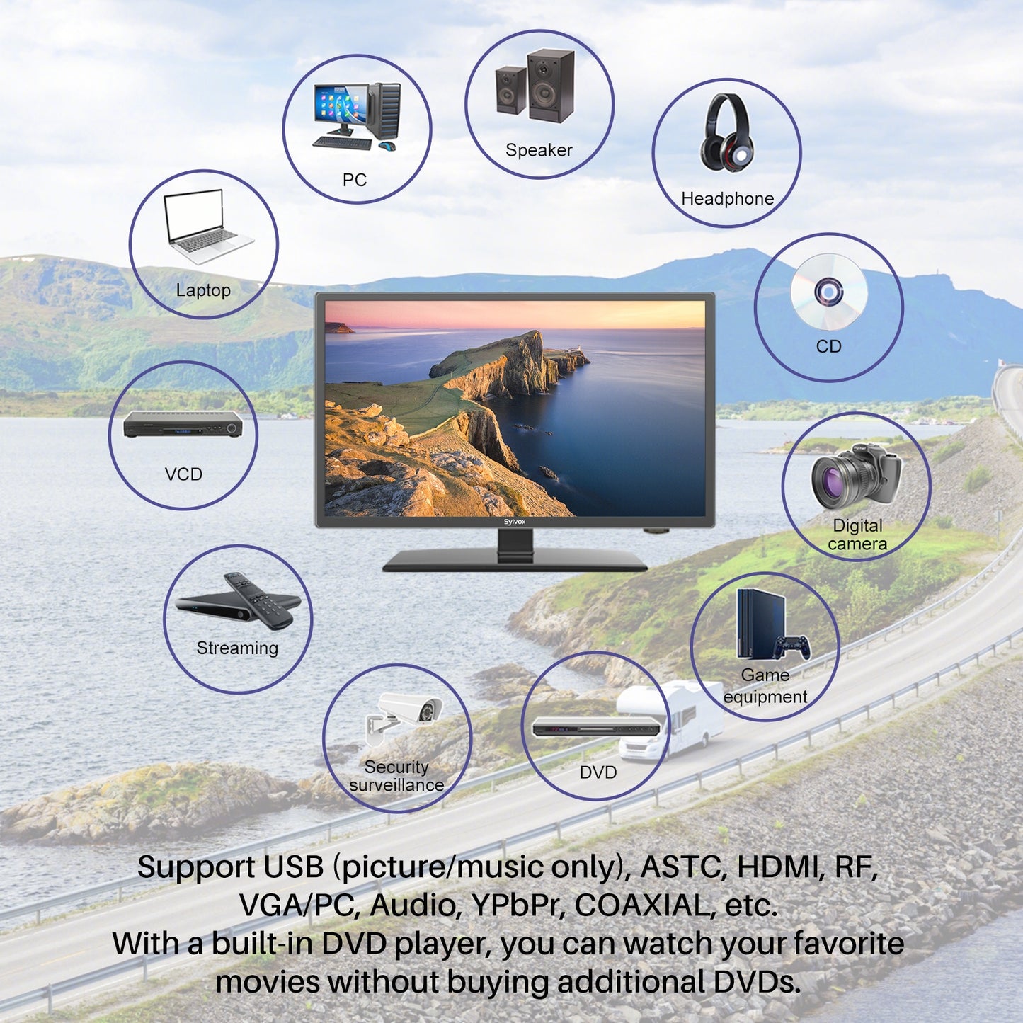SYLVOX 22 inch RV TV;  12 Volt TV DC Powered 1080P FHD Television Built in ATSC Tuner;  FM Radio;  DVD;  with HDMI/USB/VGA Input;  TV for Motorhome;  Camper;  Boat and Home