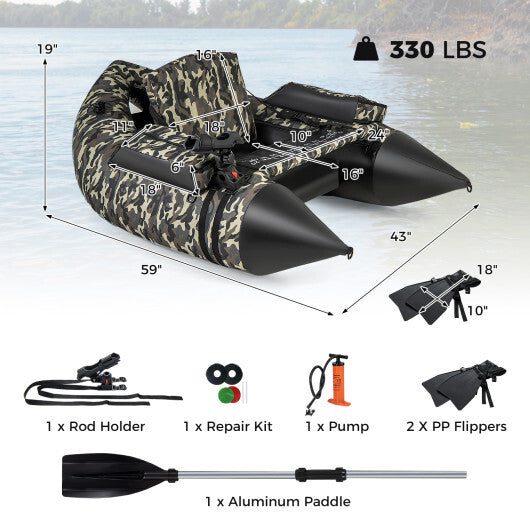 350 LBS Inflatable Fishing Float Tube with Adjustable Backrest and Backpack Straps-Camouflage - Color: Camouflage