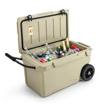 75 Quart Portable Cooler Rotomolded Ice Chest with Handles and Wheels-Tan - Color: Tan