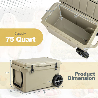 75 Quart Portable Cooler Rotomolded Ice Chest with Handles and Wheels-Tan - Color: Tan