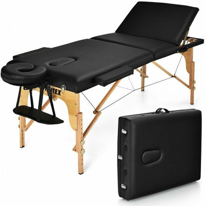 3 Fold Portable Adjustable Massage Table with Carry Case-Black - Color: Black