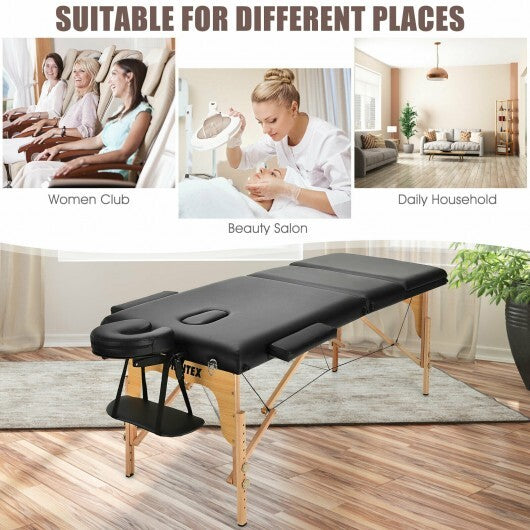 3 Fold Portable Adjustable Massage Table with Carry Case-Black - Color: Black