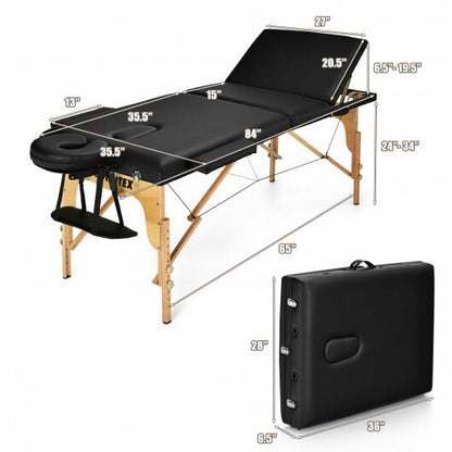 3 Fold Portable Adjustable Massage Table with Carry Case-Black - Color: Black