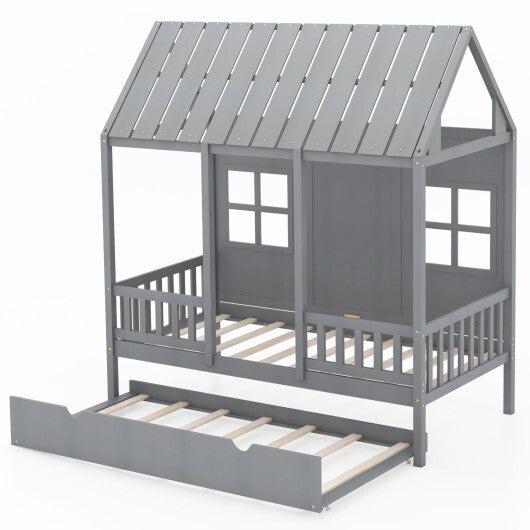 Twin Size Bed Frame House Bed with Trundle and 82 Inch Tall Roof-Gray - Color: Gray