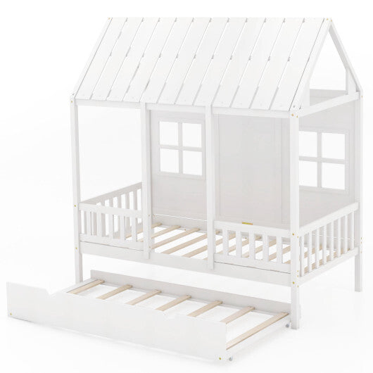 Twin Size Bed Frame House Bed with Trundle and 82 Inch Tall Roof-White - Color: White