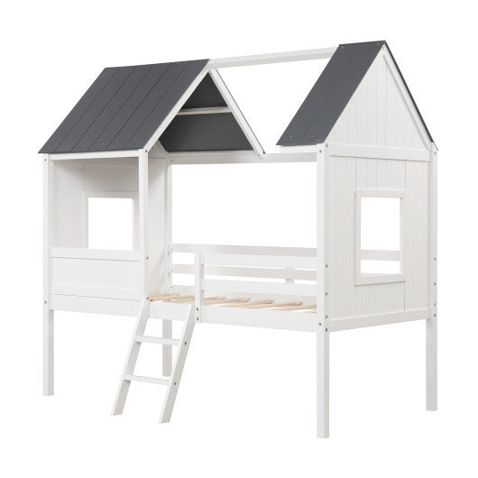 Twin Size Kids House Bed Low Loft Bed Frame with Roof-White - Color: White