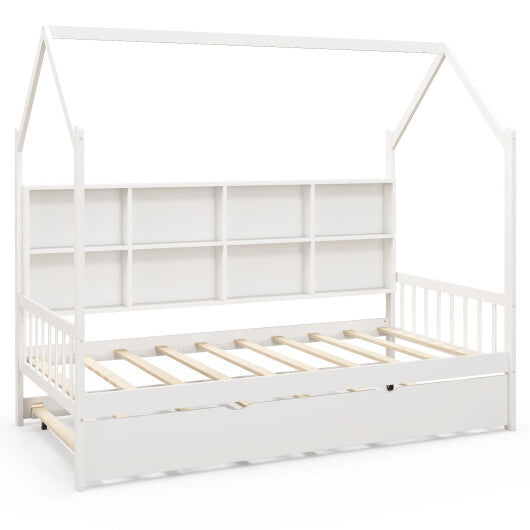 Twin Size Kids Montessori Daybed with Roof and Shelf Compartments-White - Color: White