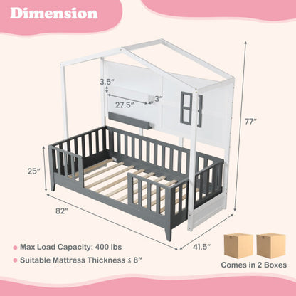 Twin Wood House Bed Montessori Floor Bed with 2 Shelves and Guardrails-Gray & White