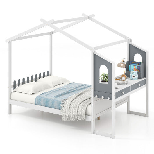 Twin/Full Bed Frame with House Roof Canopy and Fence for Kids-Full Size - Color: White - Size: Full Size