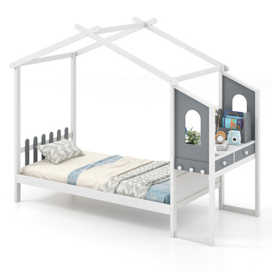 Twin/Full Bed Frame with House Roof Canopy and Fence for Kids-Twin Size - Color: White - Size: Twin Size