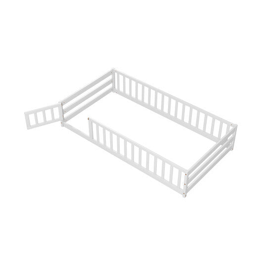 Twin Size Kids Wood Montessori Floor Bed with Door and Fence-White - Color: White - Size: Twin Size