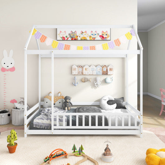 Twin Size Kids House Bed Wooden Floor Bed with Roof and Full-length Safety Guardrail-White