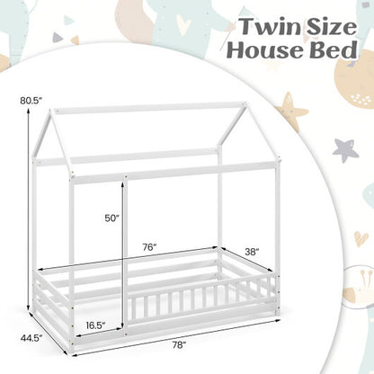 Twin Size Kids House Bed Wooden Floor Bed with Roof and Full-length Safety Guardrail-White