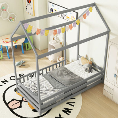 Twin Size Kids House Bed Wooden Floor Bed with Roof and Full-length Safety Guardrail-White