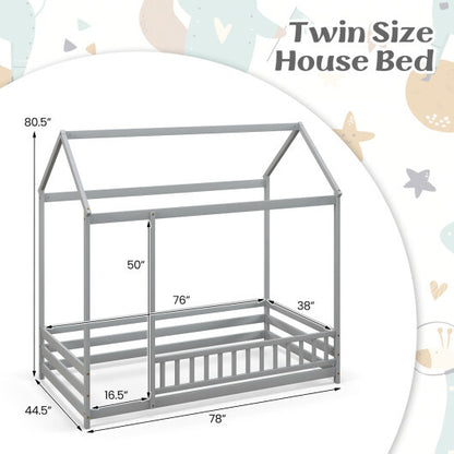 Twin Size Kids House Bed Wooden Floor Bed with Roof and Full-length Safety Guardrail-White