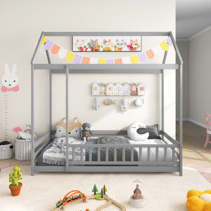 Twin Size Kids House Bed Wooden Floor Bed with Roof and Full-length Safety Guardrail-White