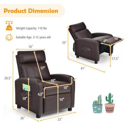 Ergonomic PU Leather Kids Recliner Lounge Sofa for 3-12 Age Group-Brown - Color: Brown