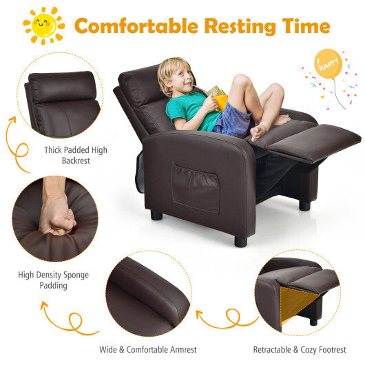 Ergonomic PU Leather Kids Recliner Lounge Sofa for 3-12 Age Group-Brown - Color: Brown